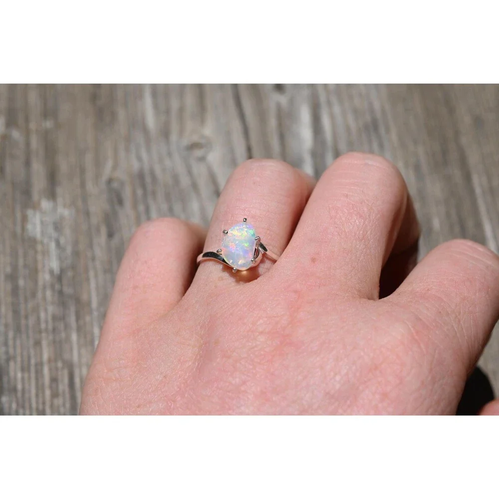 Natural Ethiopian Opal Ring in Sterling Silver Pear Cut Iridescent Gemstone Ring
